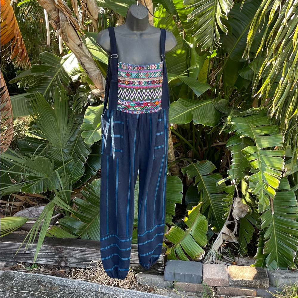 Bohemian striped denim tapestry bib, balloon pant jumpsuit